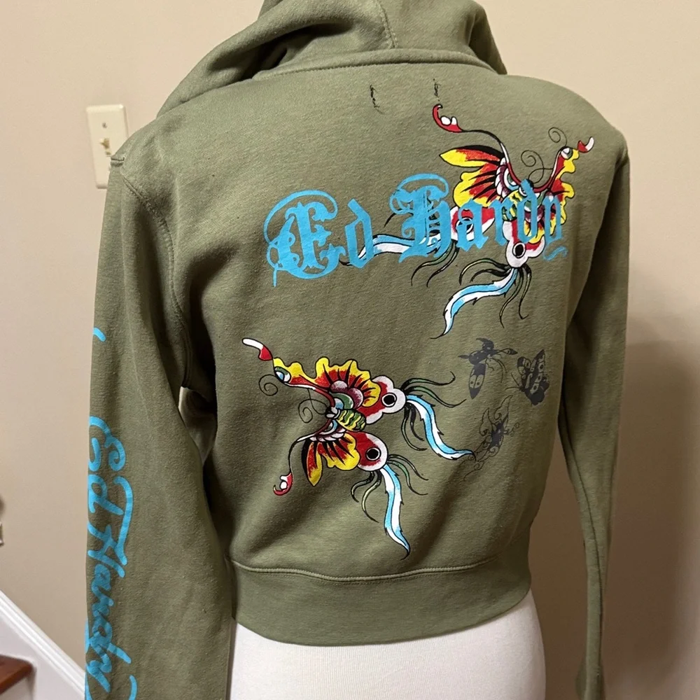 Y2K Ed Hardy Olive Cropped Zip Up Hoodie with Vibrant Graphics Size XL pre-owned - Picture 3 of 7
